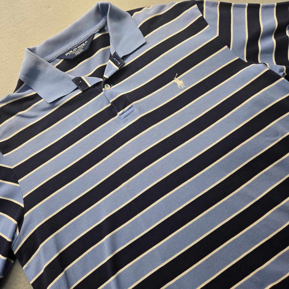 Polo Golf Ralph Lauren Striped Pro Fit Polo Shirt Men's Size Large Blue‎ Navy